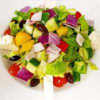 Greek Salad · Romaine Lettuce, Feta Cheese, Kalamata Olives, Tomato, Cucumber, Tri Color Peppers, Onions, ...