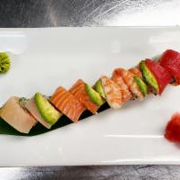 Rainbow Roll · California Roll topped with shrimp, salmon, tuna, yellowtail, avocado