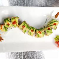 Dragon Roll · Shrimp Tempura, Asparagus, Masago, Avocado, Spicy Mayo, Sriracha