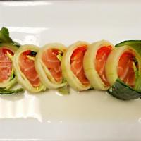 SakeSu Roll · Salmon, Avocado, Masago, Rolled in Cucumber, Rice Wine Vinigrette (5pc)