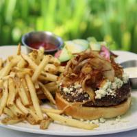 Angus Burger Lunch · Handshaped Angus ground beef and bleu cheese.