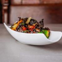 Chile Brussels · Brussels sprouts, chile peppers, pineapple, ginger sauce. Gluten Free. Vegan. Nut Free.