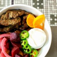 Chimichurri Steak Bowl · Chimichurri sirloin steak, home fries, beets, pickled onion, jalapeno, orange, sour cream. G...