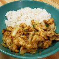Lemongrass Chicken Rice · Lemongrass Chicken, onions, scallions, garlic, chile, rice.