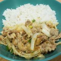Lemongrass Pork Rice · Lemongrass Pork, onions, scallions, garlic, chile, rice.