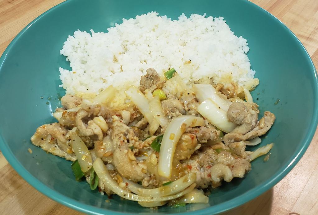 Lemongrass Pork Rice · Lemongrass Pork, onions, scallions, garlic, chile, rice.