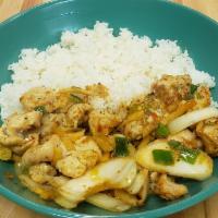 Ginger Chicken Rice · Chicken, ginger, onions, garlic, scallions, chile, rice
