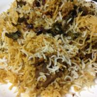 116. Goat Biryani · Basmati rice cooked with tendered pieces of goat and a variety of herbs and biryani masala.