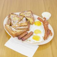 French Toast and Eggs · 3 eggs, 6 piece French toast, 2 bacon, and 2 sausage.