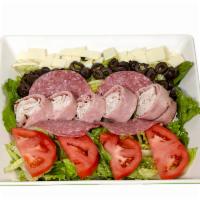 Antipasto Salad · Ham, turkey, salami, provolone cheese, mix green, black olives, tomato, and onions.