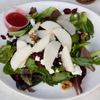 Healthy Salad · Mesclun, dried cranberry, walnuts, goat cheese and pears with raspberry vinaigrette.