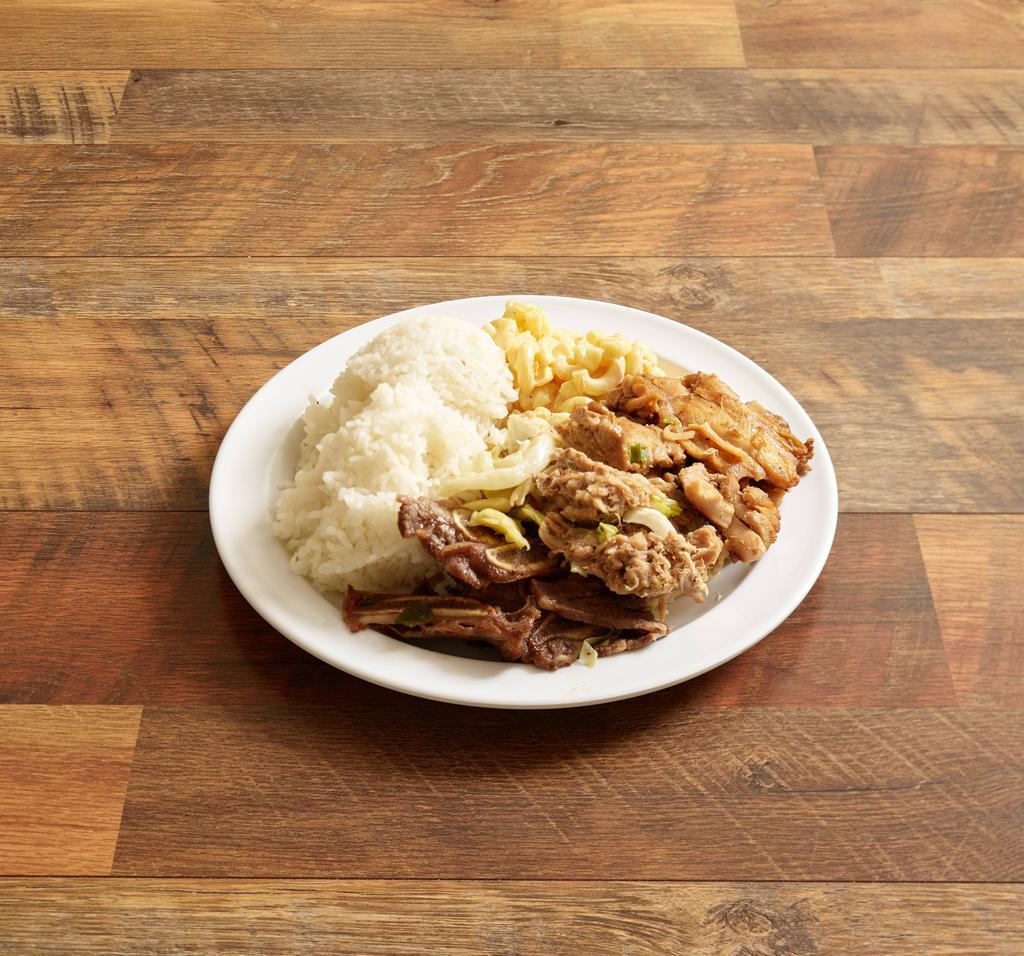 808 Trio Mix · Any 3 meats. Served with 2 scoops of sticky rice and mac salad.