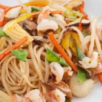  Seafood Diablo · Sea scallops, calamari, shrimp, assorted vegetables and Japanese udon noodles grilled in a h...