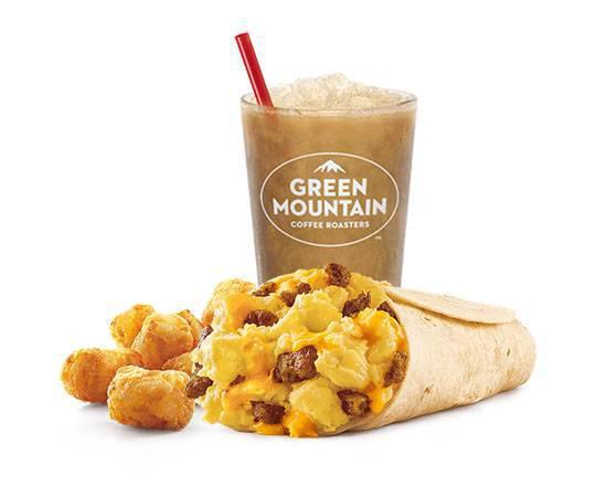Breakfast Burrito Combo · Kick start your morning with the same SONIC goodness of a simple breakfast burrito. Scrambled eggs, melty cheddar cheese and crispy bacon or savory sausage, all wrapped up in a warm flour tortilla. Even better with a Side and Drink included!