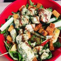 Fat Shallot Salad · Spinach ＆ Arugula, Artichokes, Roasted Red Peppers, Cucumbers, and Sourdough Croutons with B...