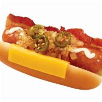 Aussie Dog · A jumbo Polish Dog in a fresh, steamed bun topped with a slice of American cheese, bacon, ho...