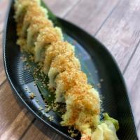 Crunch Roll · Crabmeat, avocado, cucumber, shrimp tempura, and tempura flakes.