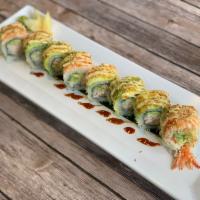 Amigo Roll · Sushi shrimp, avocado, cilantro, spicy crabmeat, and cucumber.