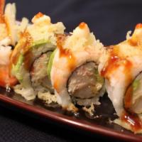 Tiger Roll · Sushi ebi, avocado, crunch roll based, mayo sauce.