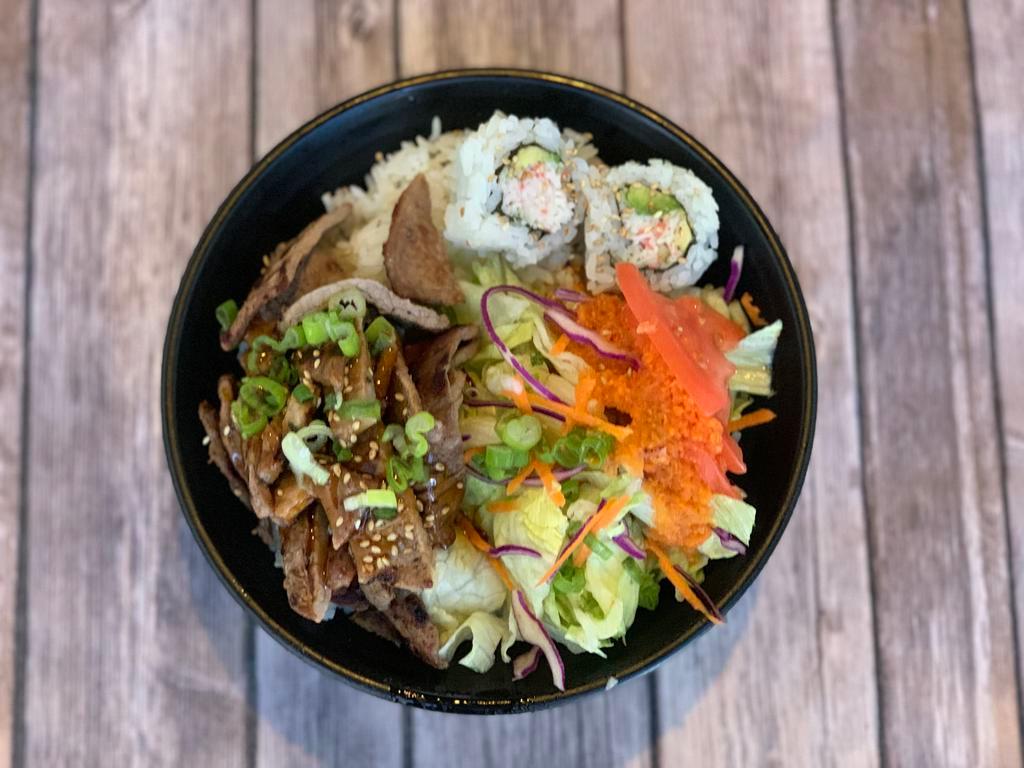 Beef Bowl · Beef teriyaki, rice, 2 California rolls, and salad.