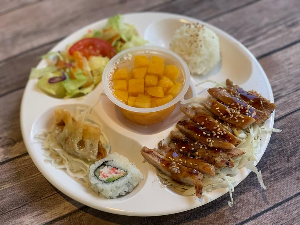 Kid's Chicken Teriyaki Meal · Served with rice, 1 piece gyoza, 1 piece California roll, salad, and fruit cup.
