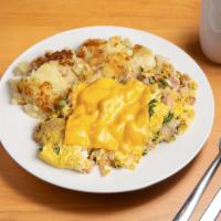 Western Scramble · 2 eggs scrambled with smoked chicken apple sausage, yellow onion, green bell pepper, tomato ...