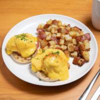 Eggs Benedict · Poached eggs, Canadian bacon and house made hollandaise sauce on a toasted English muffin. S...