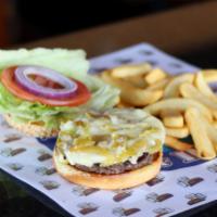 Rajita Burger · Strips of homemade green Ortega chili and melted Jack cheese on top of the burger patty.