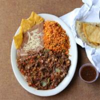 Carlos Terrazas Machaca Plate · 1/2 lb. machaca, shredded beef prepared Mexican style with tomato, onions and peppers. Serve...