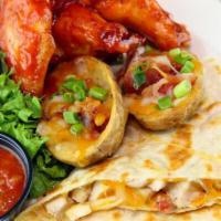 They Say Trio · A sampler of the most popular items served with 2 chicken quesadillas, 2 potato skins, 4 The...