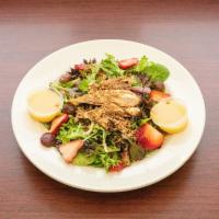 Southern Pecan Chicken Salad · Mixed greens tossed with grapes, strawberries, candied pecans with choice of fried or grille...