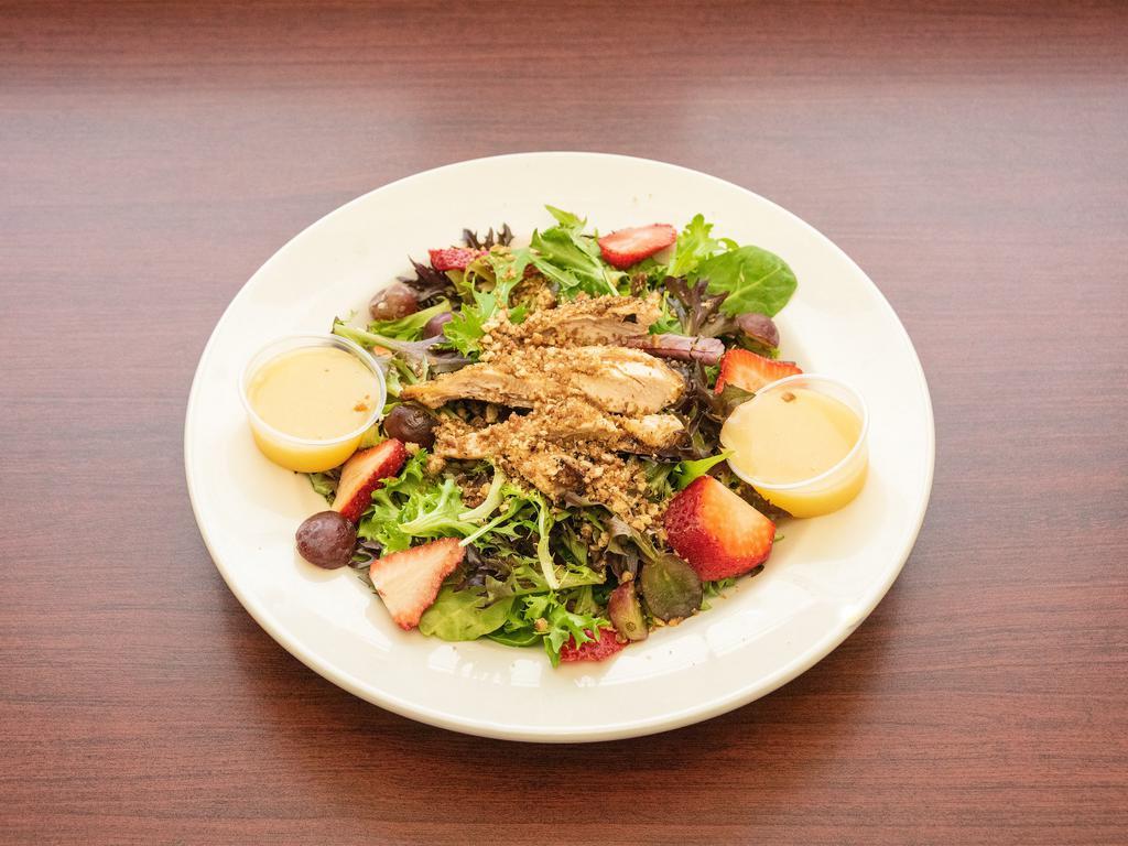 Southern Pecan Chicken Salad · Mixed greens tossed with grapes, strawberries, candied pecans with choice of fried or grilled chicken strips.