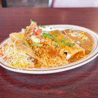 4.Burrito & Taco Lunch · Choice of chicken, ground beef, shredded beef, refried bean served with spanish rice, refrie...