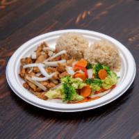 ERK Vegan Chicken  · Pan-sauteed in a sweet, tangy ginger sesame sauce with mixed vegetables. Served with garlic ...