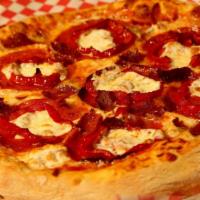Gourmet Pepperoni Pizza · Gourmet Italian pepperoni, goat cheese and tangy roasted red pepper.