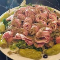 Large Anti-Pasto Salad served two  · romaine lettuce ,mortadella , salami .provolone cheese , romano cheese . red onions , & toma...