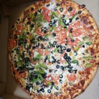 Vegetarian Feast Pizza · Mozzarella cheese, fresh mushrooms, black olives, onions, green peppers and tomatoes.