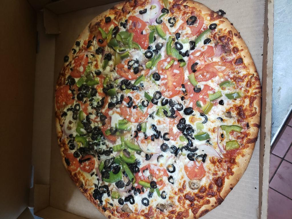 Vegetarian Feast Pizza · Mozzarella cheese, fresh mushrooms, black olives, onions, green peppers and tomatoes.