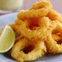 Calamari · Deep fried squid in a crisp garlicky batter.