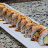 Washington Roll · Snow crab mix, avocado, cucumber, topped with fresh salmon and spicy mayo, baked, eel sauce ...