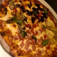 Quattro Stagioni Pizza · Fresh tomato sauce, mozzarella cheese, artichokes, mushrooms, cooked ham and olives. Individ...