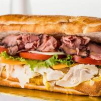 The Full Montagu® Sandwich Combo · Roasted beef, turkey, Swiss, cheddar, lettuce, Roma tomato and mustard sauce. Freshly baked ...