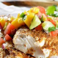 Blackened Tilapia w/ Mango Salsa · Blackened and grilled Tilapia filet covered with mango salsa. Served with black beans and Me...