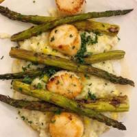 Pan Seared Scallops - GF · four jumbo scallops over corn risotto and roasted asparagus