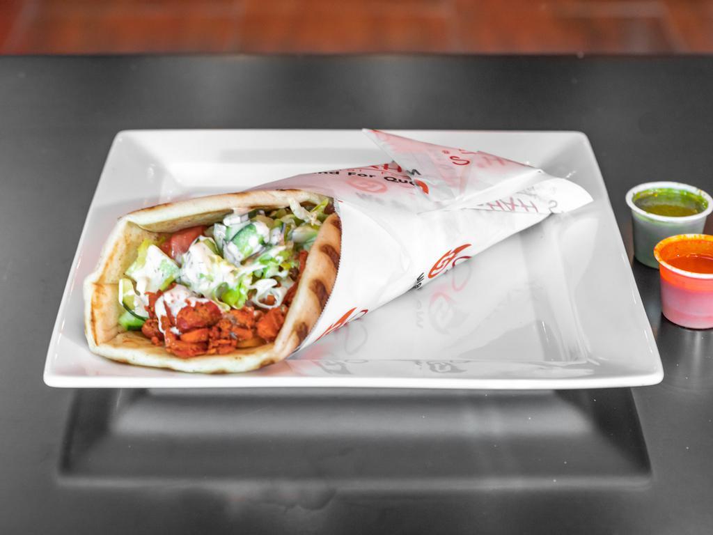 Chicken Gyro · Chicken gyro meat marinated and grilled to perfection served on a fresh pita- topped with lettuce, and your choice of white, hot, green and BBQ sauce.