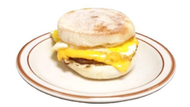 Early Riser Sandwich · An egg, sausage patty or bacon, and melted American cheese on an English muffin.