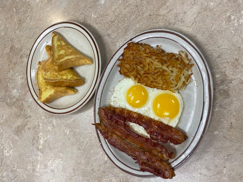 French Big Webb · Two eggs, hashbrowns, French toast, and your choice of bacon, ham, or sausage links.