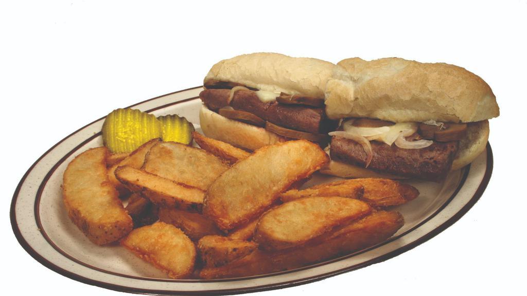 Sirloin Steak Sandwich · A lean and tender USDA sirloin steak savory seasonings are grilled and topped with mushrooms, onions, and melted Swiss cheese. Served on a hoagie roll with a stack of our skin-on potato wedges.