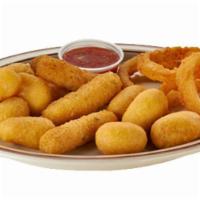 Appetizer Basket · Onion rings, golden mini corn dogs, lightly breaded mozzarella cheese sticks and irresistibl...