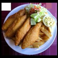 Fish & Chips · Served with Lettuce, Pico de Gallo, Lime, Tartar Sauce Served with fries.
